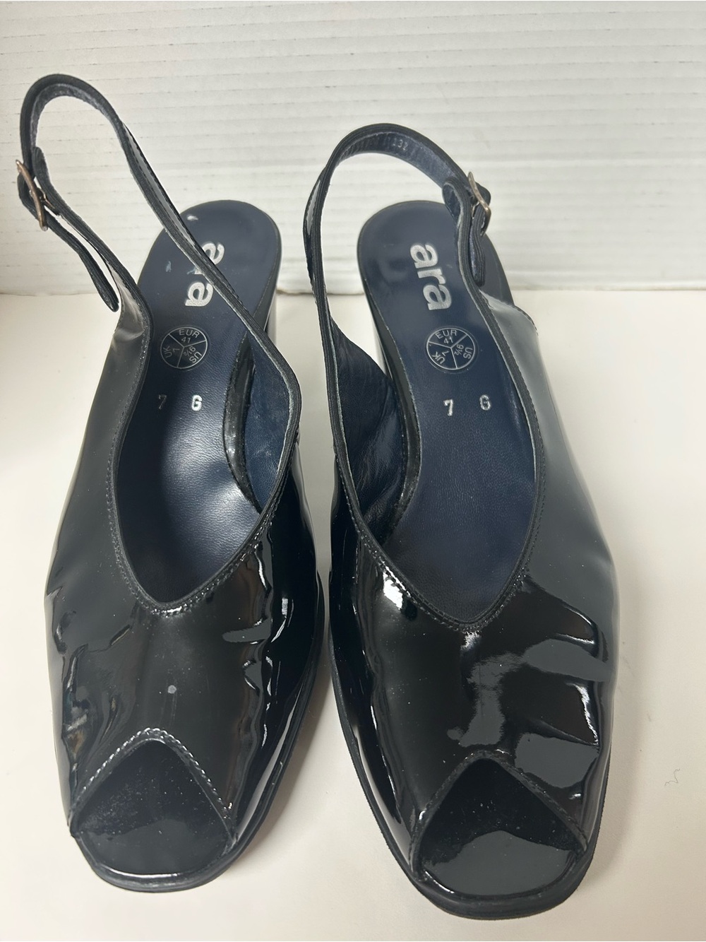 ara Women's Black Patent Slingback Peep-Toe Shoes US 9.5 Corporate  luxury